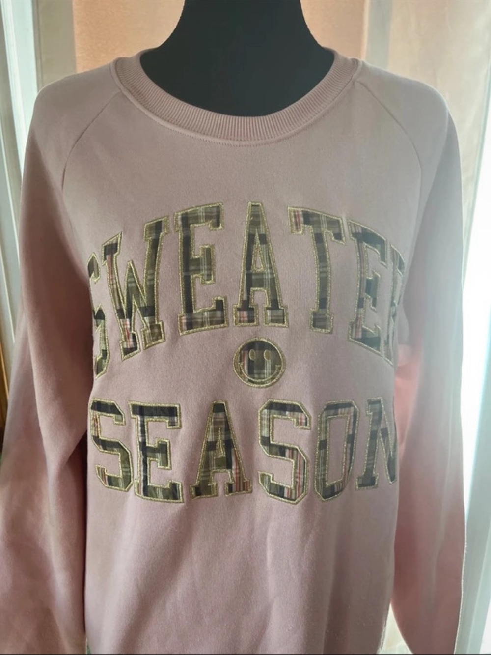 Simply Southern Pink Crewneck Sweatshirt with Plaid 'SWEATER SEASON' Appliqué